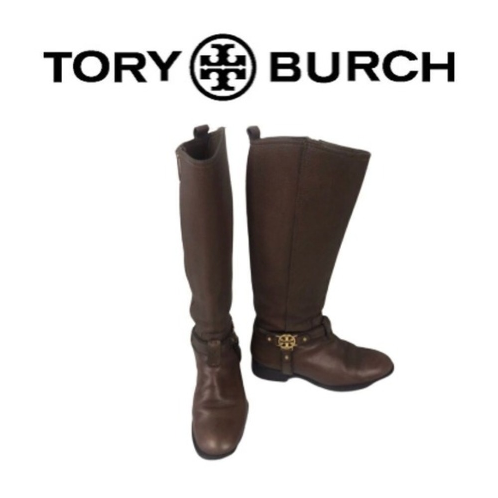 Tory Burch Brown Leather Riding Boots with Gold Logo Hardware‎